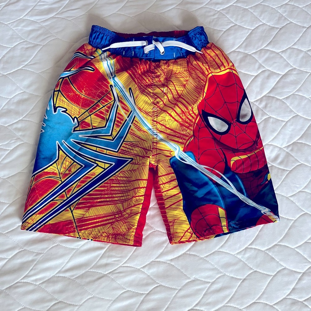Boys Spider-Man Swim Trunks. Size 5/6. Color Blue, Red, and Yellow.